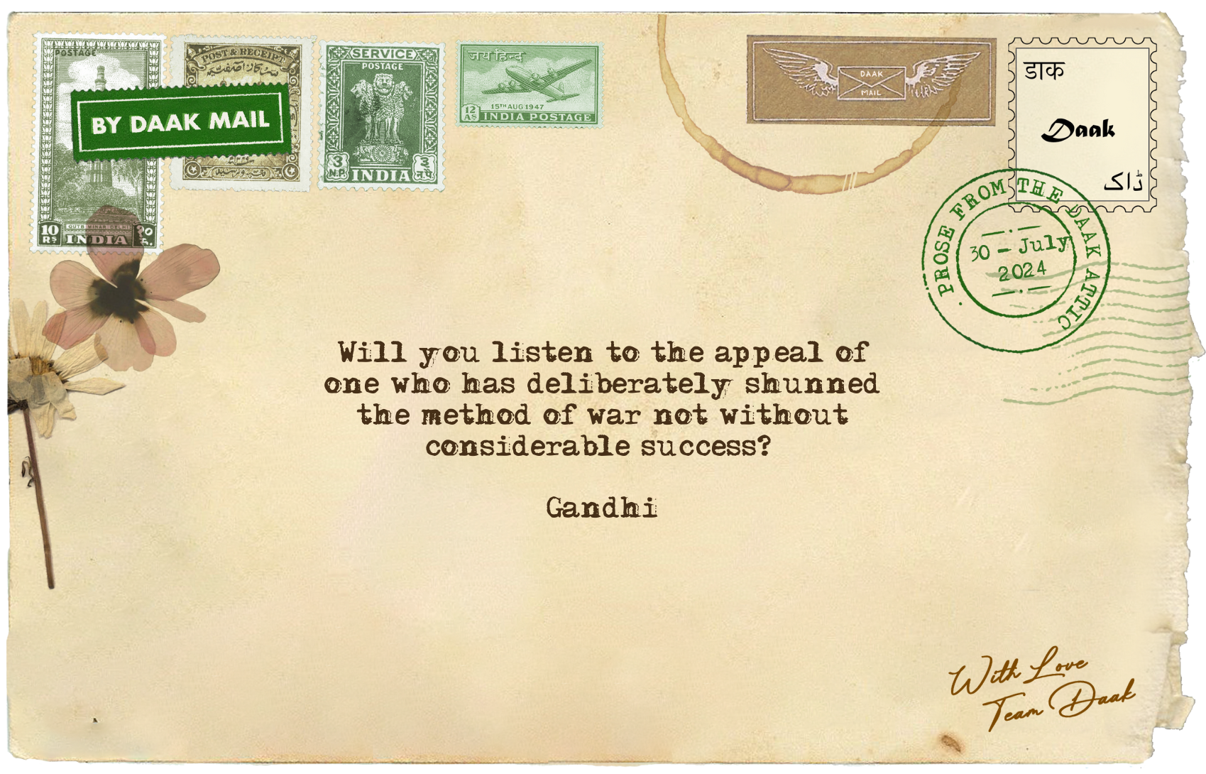 Postcard Letter Gandhi